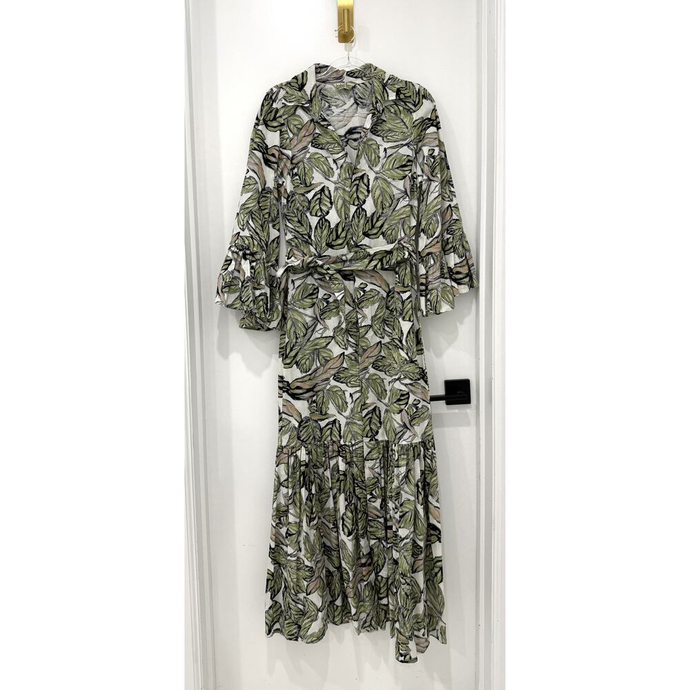 Isabel Riera leaf-print maxi dress Sz M button-down front bell sleeves MSRP$450 - Picture 2 of 11